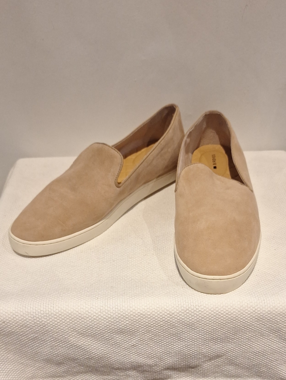 Birdies Women's Slip-On Suede Loafers in Tan and White